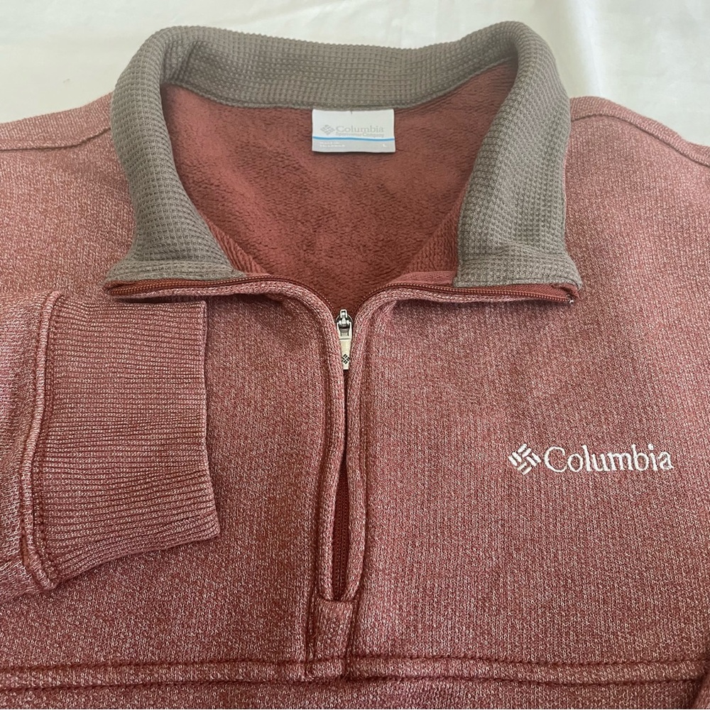 Columbia Men's Quarter Zip Sweater Pullover Brick Red Kangaroo Pocket Large